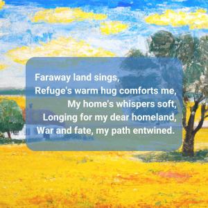 Faraway land sings, Rufuge's warm hug comforts me, My home's whispers soft, Longing for my dear homeland, War and fate, my path entwinned. This is a white text on a semiblue background. Behind it a horizon half down fields of what, in the horizon trees, and a blue sky with separate golden clouds, on the right closed a big tree, on the left few minutes walk a white small house with a red roof, hiding behind another but smaller tree.