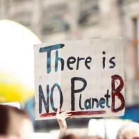 A hand holds a placard that reads "There is NO planet B"